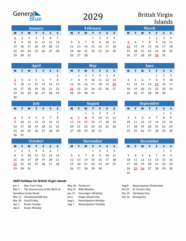 Printable Calendar 2029 with British Virgin Islands Holidays (Monday Start)