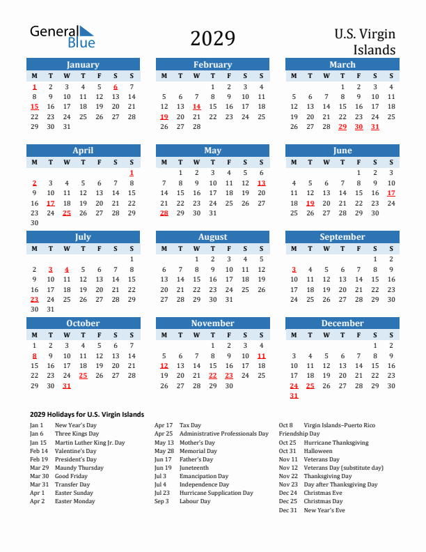 Printable Calendar 2029 with U.S. Virgin Islands Holidays (Monday Start)