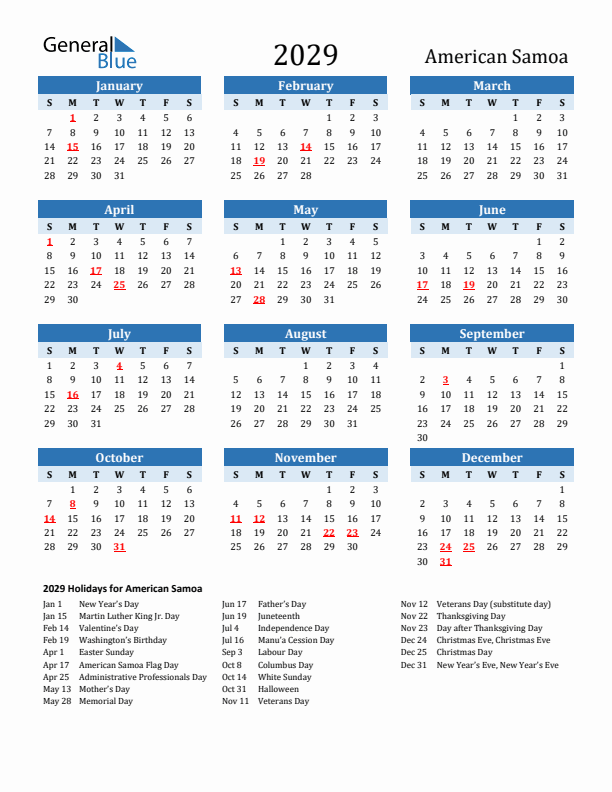 Printable Calendar 2029 with American Samoa Holidays (Sunday Start)