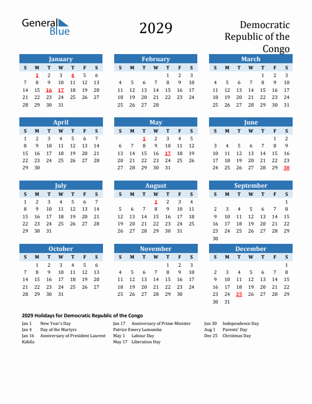Printable Calendar 2029 with Democratic Republic of the Congo Holidays (Sunday Start)