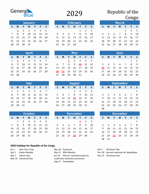 Printable Calendar 2029 with Republic of the Congo Holidays (Sunday Start)