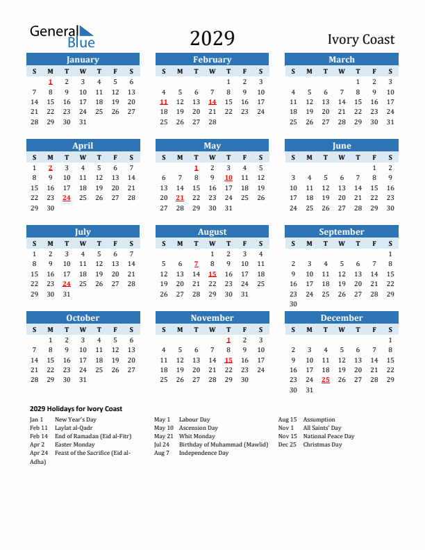 Printable Calendar 2029 with Ivory Coast Holidays (Sunday Start)