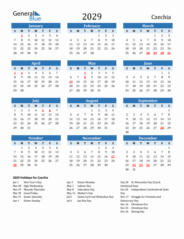 Printable Calendar 2029 with Czechia Holidays (Sunday Start)