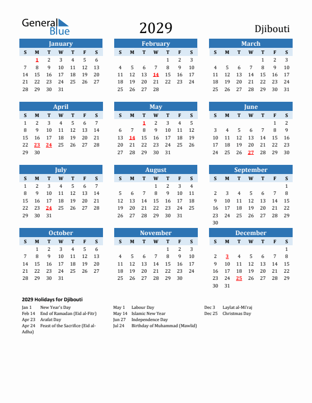Printable Calendar 2029 with Djibouti Holidays (Sunday Start)