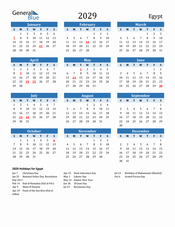 Printable Calendar 2029 with Egypt Holidays (Sunday Start)