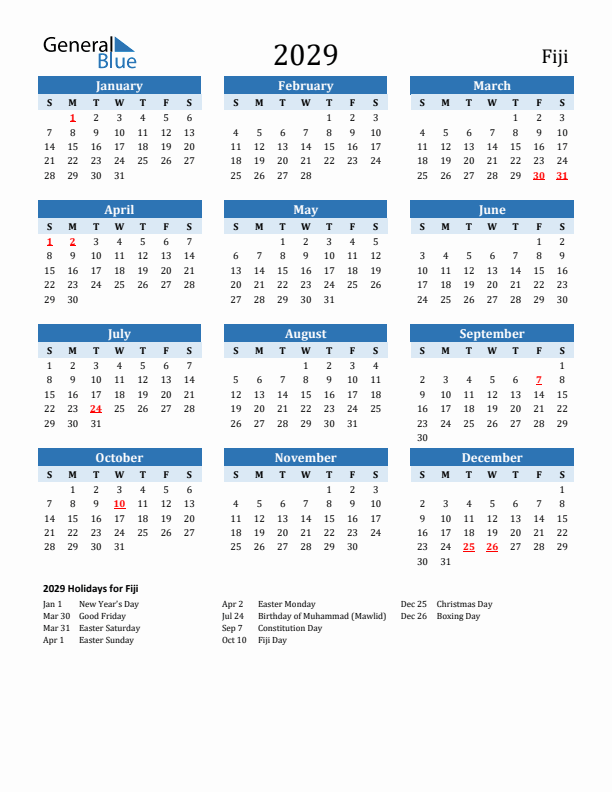Printable Calendar 2029 with Fiji Holidays (Sunday Start)