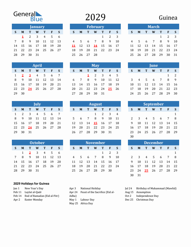 Printable Calendar 2029 with Guinea Holidays (Sunday Start)