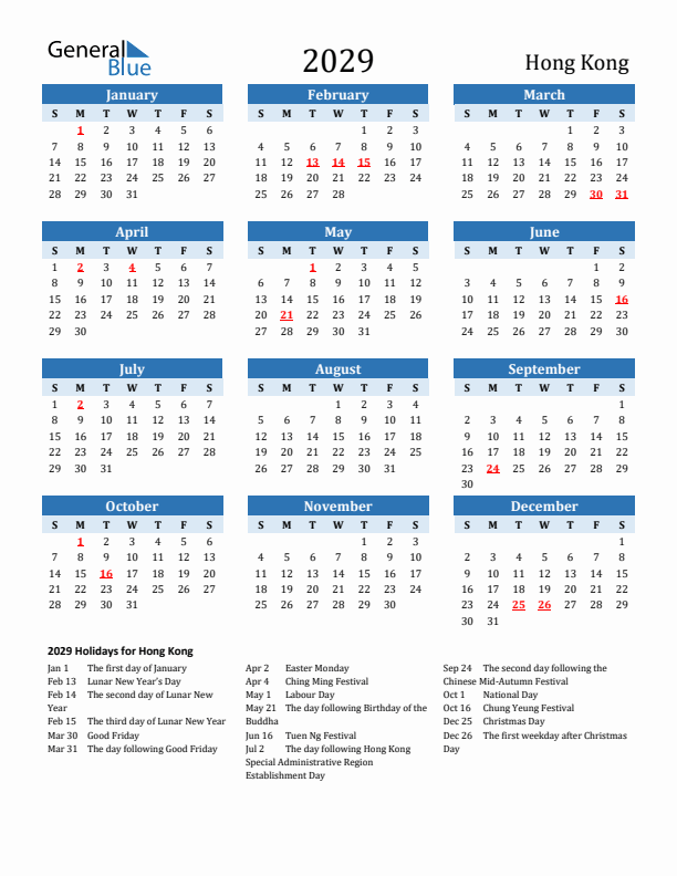 Printable Calendar 2029 with Hong Kong Holidays (Sunday Start)