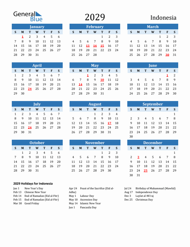Printable Calendar 2029 with Indonesia Holidays (Sunday Start)