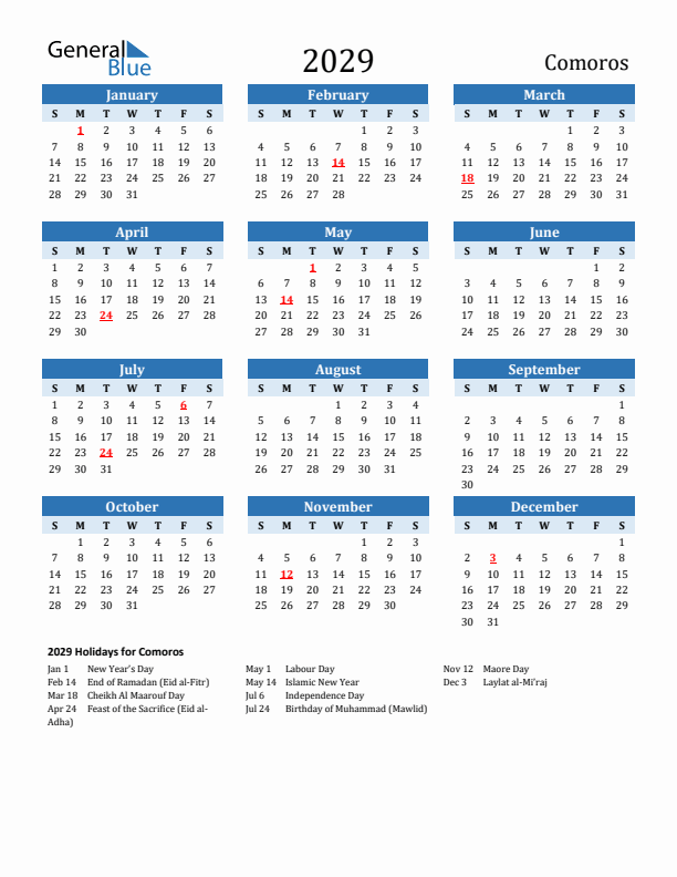 Printable Calendar 2029 with Comoros Holidays (Sunday Start)