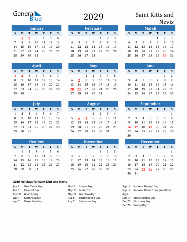 Printable Calendar 2029 with Saint Kitts and Nevis Holidays (Sunday Start)