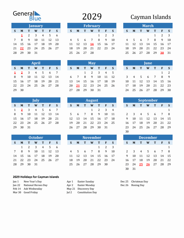Printable Calendar 2029 with Cayman Islands Holidays (Sunday Start)