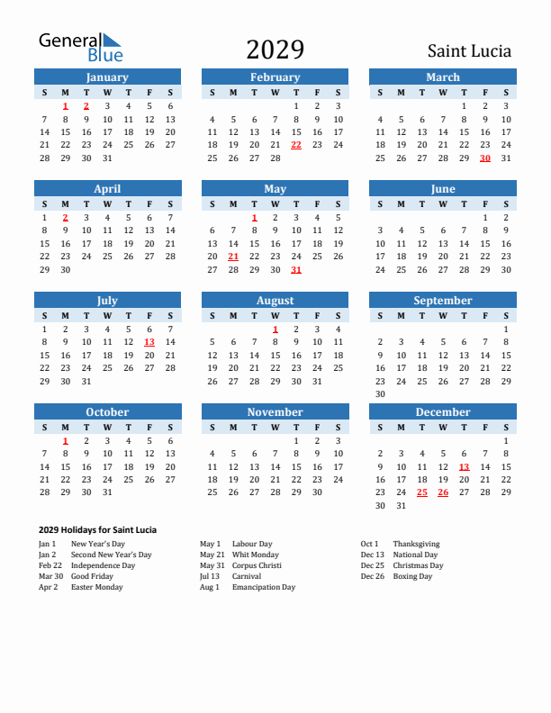 Printable Calendar 2029 with Saint Lucia Holidays (Sunday Start)