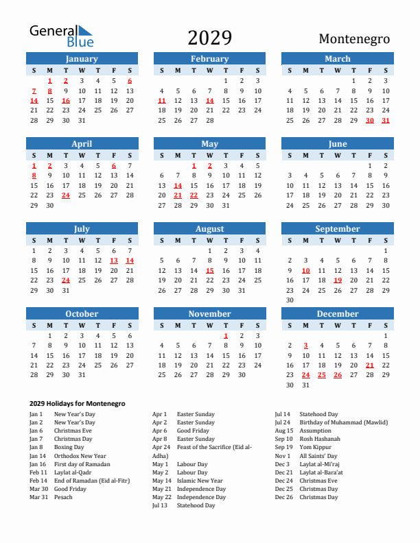 Printable Calendar 2029 with Montenegro Holidays (Sunday Start)