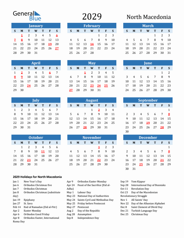 Printable Calendar 2029 with North Macedonia Holidays (Sunday Start)