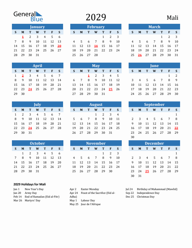 Printable Calendar 2029 with Mali Holidays (Sunday Start)