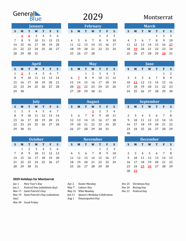 Printable Calendar 2029 with Montserrat Holidays (Sunday Start)