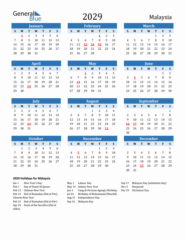 Printable Calendar 2029 with Malaysia Holidays (Sunday Start)