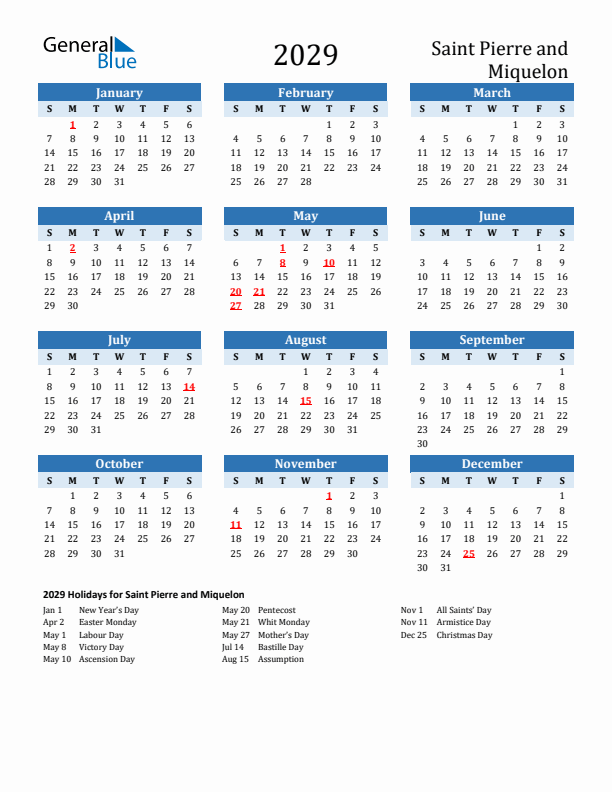 Printable Calendar 2029 with Saint Pierre and Miquelon Holidays (Sunday Start)