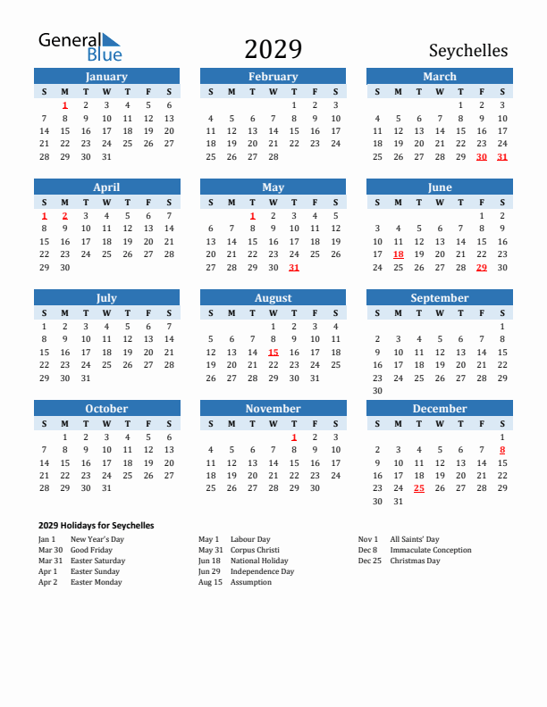 Printable Calendar 2029 with Seychelles Holidays (Sunday Start)