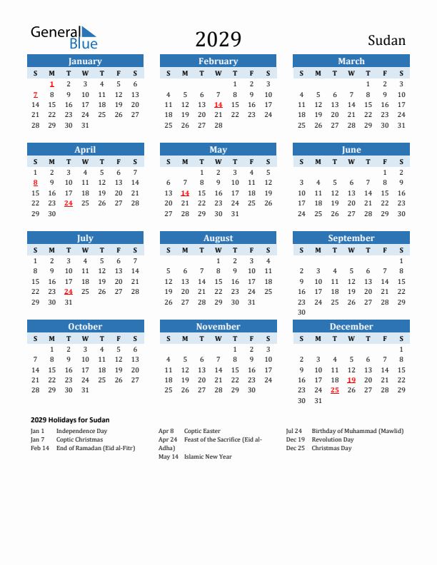 Printable Calendar 2029 with Sudan Holidays (Sunday Start)