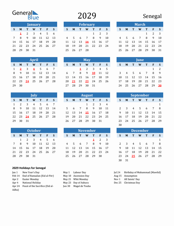 Printable Calendar 2029 with Senegal Holidays (Sunday Start)