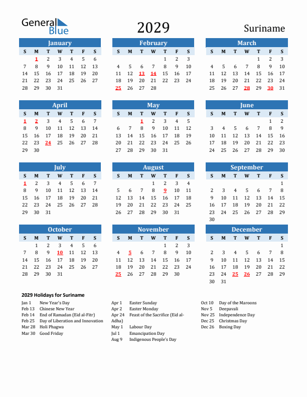 Printable Calendar 2029 with Suriname Holidays (Sunday Start)