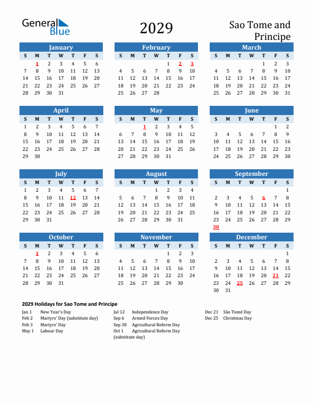Printable Calendar 2029 with Sao Tome and Principe Holidays (Sunday Start)