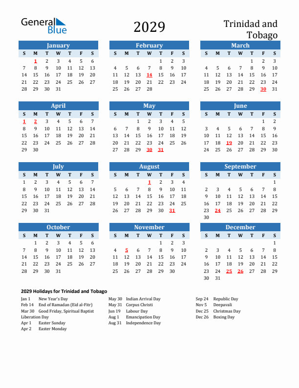 Printable Calendar 2029 with Trinidad and Tobago Holidays (Sunday Start)