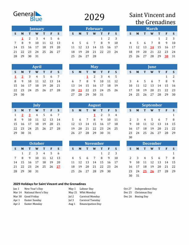 Printable Calendar 2029 with Saint Vincent and the Grenadines Holidays (Sunday Start)