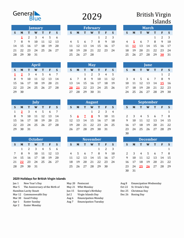 Printable Calendar 2029 with British Virgin Islands Holidays (Sunday Start)