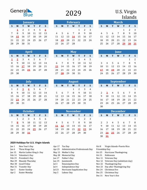 Printable Calendar 2029 with U.S. Virgin Islands Holidays (Sunday Start)