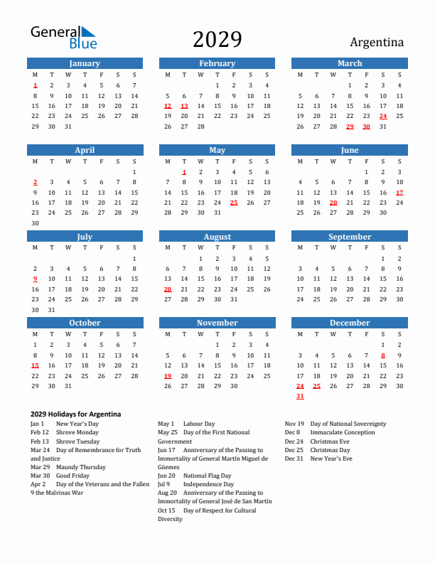 Argentina 2029 Calendar with Holidays