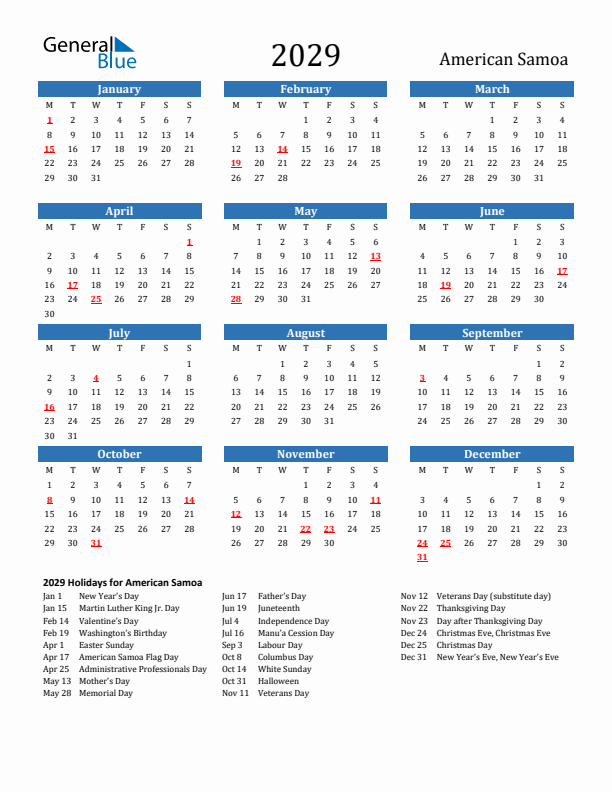 American Samoa 2029 Calendar with Holidays