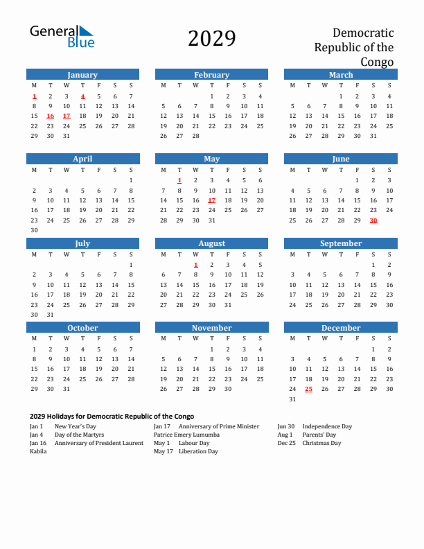 Democratic Republic of the Congo 2029 Calendar with Holidays