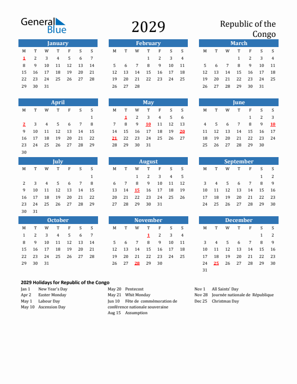 Republic of the Congo 2029 Calendar with Holidays