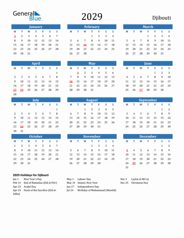 Djibouti 2029 Calendar with Holidays