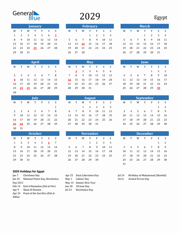 Egypt 2029 Calendar with Holidays