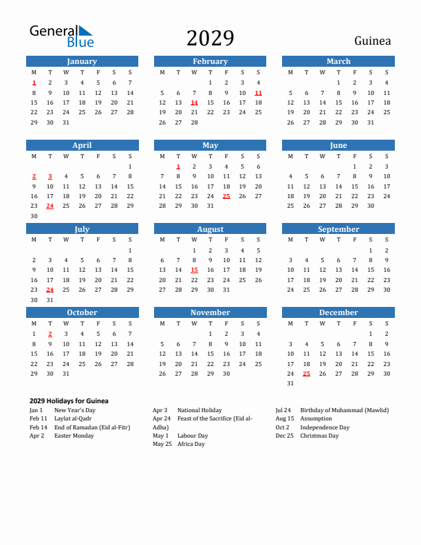 Guinea 2029 Calendar with Holidays