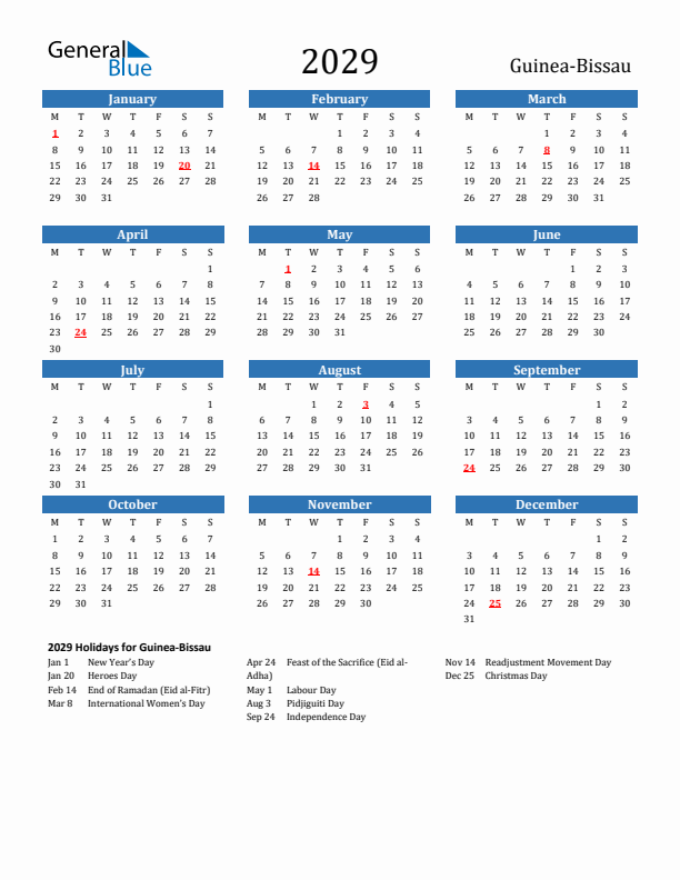 Guinea-Bissau 2029 Calendar with Holidays