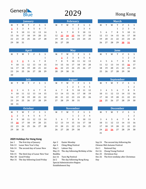 Hong Kong 2029 Calendar with Holidays