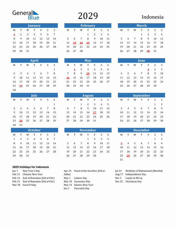 Indonesia 2029 Calendar with Holidays
