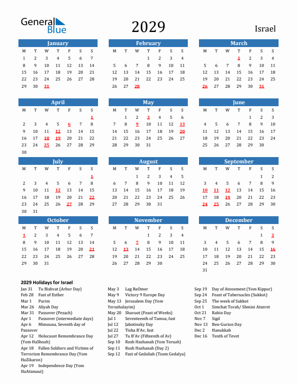 Israel 2029 Calendar with Holidays