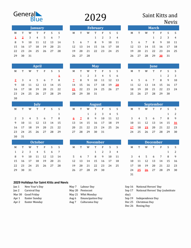 Saint Kitts and Nevis 2029 Calendar with Holidays