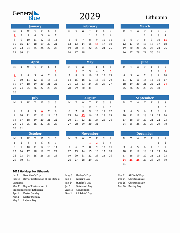 Lithuania 2029 Calendar with Holidays