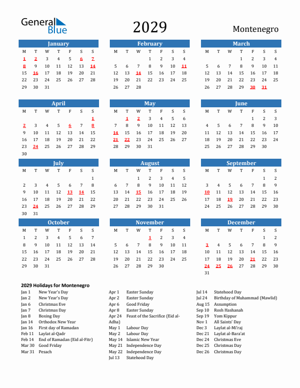 Montenegro 2029 Calendar with Holidays