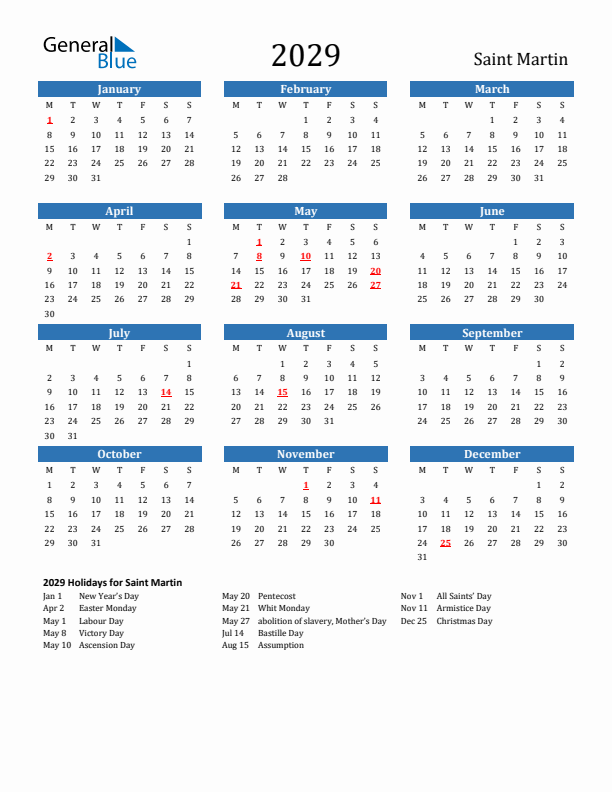 Saint Martin 2029 Calendar with Holidays