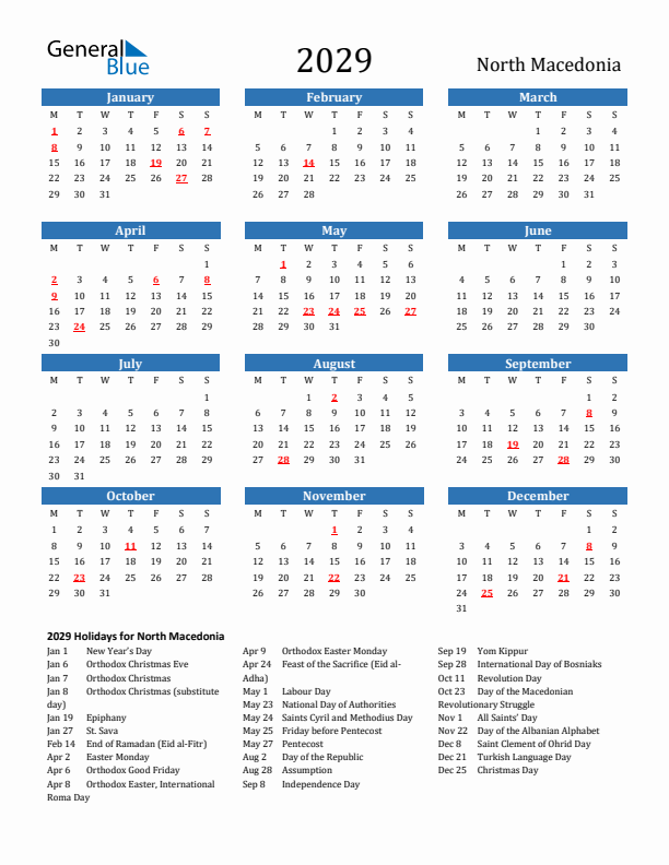 North Macedonia 2029 Calendar with Holidays