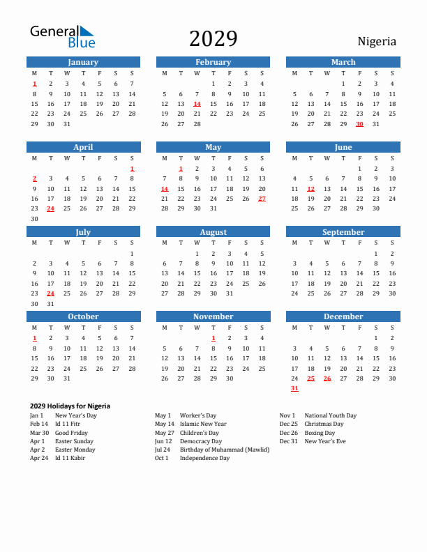 Nigeria 2029 Calendar with Holidays