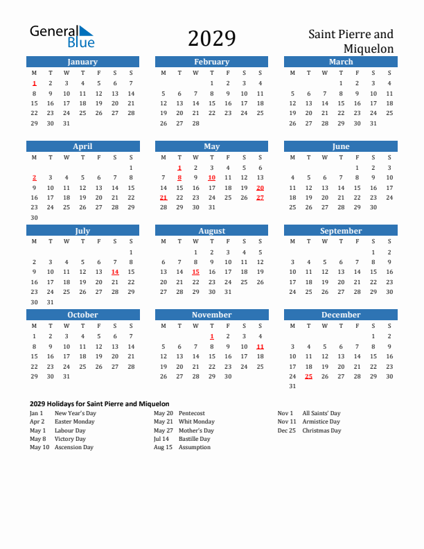 Saint Pierre and Miquelon 2029 Calendar with Holidays